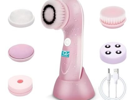 Q DEVICES 6-In-1 Facial Cleansing Brush & Massager – Waterproof,Rechargeable Spin Brush Set With 6 Heads For Deep Cleansing,Exfoliation & Relaxing Face Massage – Pink