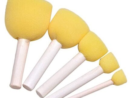 Qatalitic 5 Pcs Round Stencil Yellow Sponge Dabber, Wooden Handle Foam Brush for Art & Crafts, Stippler Set DIY Painting Tools