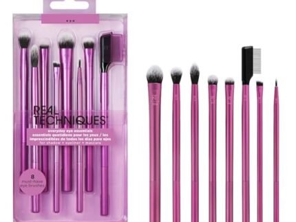 Real Techniques Eyeshadow Brush Set, Makeup with Gel Eyeliner, Flat Eye, and Eyelash Brushes, Purple, 8 Piece