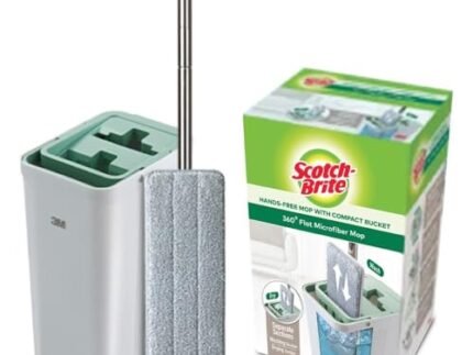 Scotch-Brite Plastic Hands-Free Microfiber Flat Mop with Compact Bucket, Splash Proof Design & Double Scraper for Easy Squeeze (1 Unit)