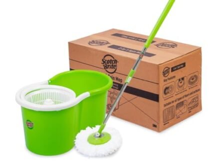 Scotch-Brite Twin Bucket Spin Mop with Easy Wring & Rinse System, 360° Adjustable Handle, High Absorbency Microfiber for Deep Cleaning on All Floor Types