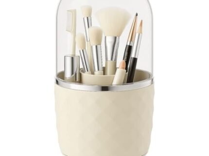 Soko 360° Dustproof Rotating Makeup Brush Set Holder with Lid, Luxury Lipstick/Skin Care Products Storage Box, 6 Slot Vanity Cosmetic Organiser Stand for Desk, Bathroom, Dressing Table – OffWhite