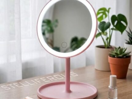 Stelliferous Round Tabletop Vanity Mirror With Customizable 3-Color Led Lighting & Storage Tray |Rechargable With USB Micro-B Connector|Portable & Foldable Makeup Mirror (Misty Rose),Abs Plastic