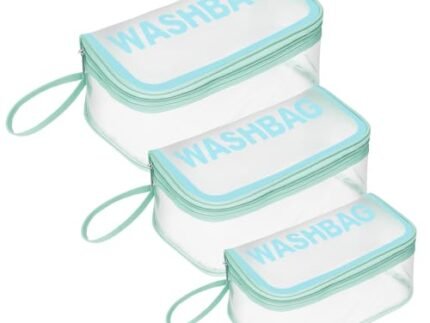 Storite Set of 3 Transparent PVC Washbag Pouches – Waterproof Travel Toiletry & Cosmetic Bags with Zipper for Makeup, Stationery & Accessories (Blue)