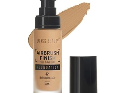 Swiss Beauty Airbrush Finish Full Coverage Foundation | Full Coverage Up To 8 Hours | Waterproof & Lightweight | Natural Matte Finish | Long-Lasting Wear | Enriched with Hyaluronic Acid | For All Skin Types | Dermatologically Tested | Shade- 04 Golden Beige, 30ml