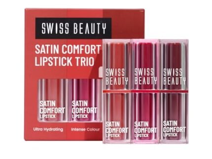 Swiss Beauty Satin Comfort Lipstick Trio 3-in-1| Ultra-Hydrating | Highly Pigmented | Smooth Glide | Satin Matte Finish | One-Swipe Application | Shade- 2-Pink & Mauve, 9gm
