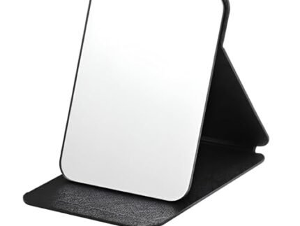 Table Desk Vanity Makeup Mirror, Portable Folding Mirror with Stand Adjustable Rotation Tavel Make Up Mirror, Bathroom for Shower Shaving (Round Edge Black 1 PCS)