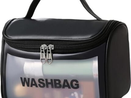 Travel Makeup Wash Bag Portable Zipper Makeup Pouch Bag Organizer Carry Pouch Bag, Cosmetic Toiletry Transparent Travel Storage Washbag for Women and Girls (Black, Big Size, 16Cm)