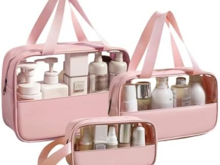 Travel Toiletry Pouch for Women & Men, Portable Cosmetic Organizer Bag for Full-Sized Shampoo, Brushes Set, Toys, Stationery, Bathroom & Makeup Accessories (Pink, 3 pcs Set)