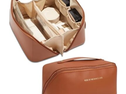 Waterproof PU Leather Makeup Pouch Bag – Open Flat Travel Toiletry Kit & Cosmetic Organizer for Women, Multipurpose Vanity Pouch for Makeup, Skincare, Medicines & Jewelry (Brown)​