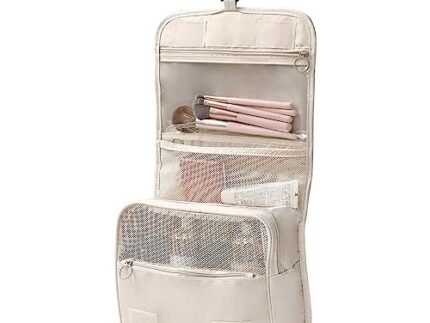 Wolpin Toiletry Bag Travel Nylon (Beige, 15 CM) | Foldable Cosmetic Makeup Pouch Organizer | Multipurpose Kit for Brush Shaving Medicine | Waterproof Travel Utility Bag for Men & Women