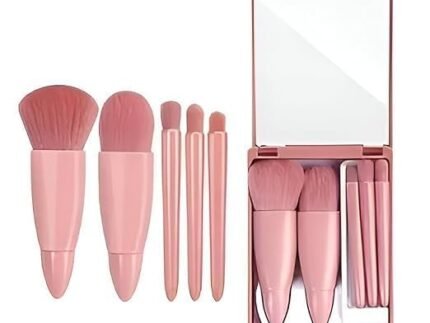 5 in 1 Professional Small Mini Mirror Makeup Brush Kit for Face Eye Shadows Eyeshadow Powder Blush Cosmetic Case Set Cleanser for Women Foundation Travel Brushes for Girl Female (MINI MAKEUP KIT)