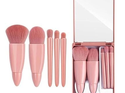 Portable 5Pcs Travel Makeup Brush Set with Makeup Mirror in Brush Case – Lip Brush Blending Powder Brush Eyeshadow Brush