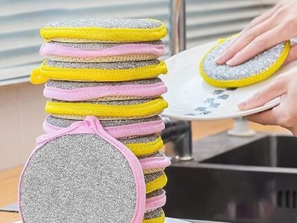 2-in-1 Dishwashing Scrub Pad – Double-Sided Wire Sponge & Soft Dish Cloth | Multipurpose Stainless Steel Scrubber for Utensils, Cookware, Pots & Pans Cleaning – Multicolor (5)