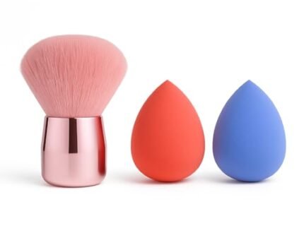 3 Pcs Makeup Brush and Sponge Set – Professional Pink Kabuki Foundation Brush with 2 Teardrop Beauty Blenders – For Liquid, Powder & Cream Blending – Premium Cosmetic Tool Kit