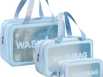 3 Pcs Transparent Travel Wash Bag Set for Toiletries, Makeup & Skincare | Waterproof PVC & PU Leather Organizer | Portable Cosmetic Storage Pouch with Handle for Women & Men (Blue)