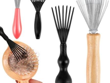 4Pcs Hair Brush Cleaner Tool Set – Rake Design Metal Wire Comb Hair Remover, Mini Hairbrush Cleaning Claw with Wooden Handle for Home Salon, Remove Hairs Dust Dirt Lint