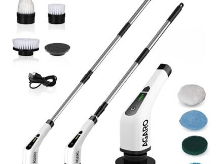 AGARO Royal Electric Spin Scrubber, Cleaning Brush Scrubber for Home, 400RPM/Min, 8 Replaceable Brush Heads, 90 Min Work Time, 3 Adjustable Size, 2 Adjustable Speeds, for Bathroom, Floor Tiles, White