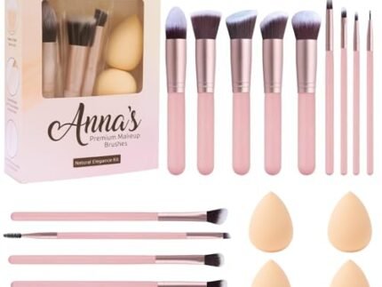 ANNA’s Premium 18 Pcs with Gift Box 14 Pcs Makeup Brush Set with 4 Blender Sponge Professional Face & Eye Cosmetic Brushes for Foundation, Blending, Contouring, Eyeshadow – Soft Bristles Pink Handle