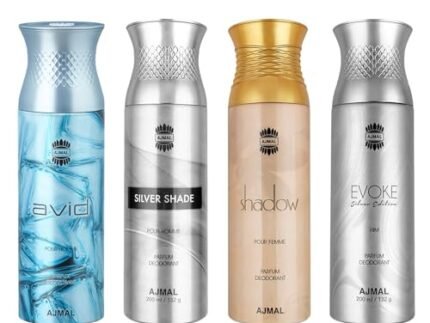 Ajmal AVID Pour Homme, Silver Shade, Shadow, and Evoke Silver Edition Him Deodorant Perfume 200ML Each – Pack of 4 for Men