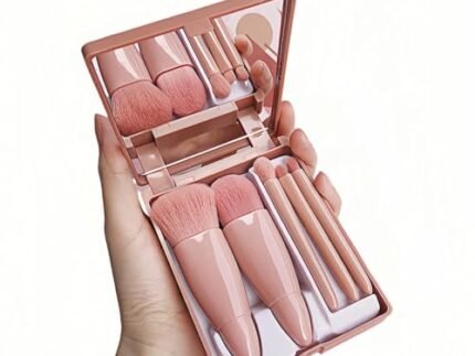 BeFunky 5-Piece Professional Makeup Brush Set with Mirror & Travel Case Vegan Bristles for Sensitive Skin, Portable Cosmetic Kit for Travel and On-the-Go Touchups (Pink)