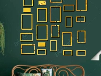 Bikri Kendra - Hollow Rectangle 36 Golden Decorative Mirror Stickers for Wall, Mirror, 3D Acrylic Stickers Wall Stickers for Hall, Bedroom, Living Kids Room. (Gold1)