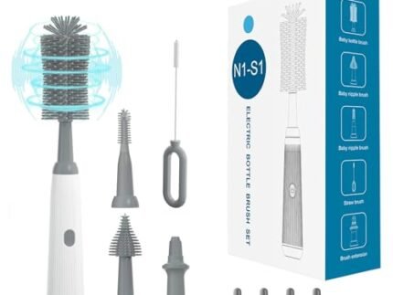 Electric Baby Bottle Brush Cleaner with Extended Handle & Drying Holder, Baby Bottle Brush Set with Silicone Bottle/Nipple/Crevice/Brush,Straw Cleaner,Lifesaver Automatic Bottle Cleaner,Gray