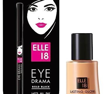 Elle 18 Eye Drama Kajal, Super Black- Smudge-Proof, Waterproof, 0.35 G & Lasting Glow Liquid Foundation, 03 Shell, Shell, 27 Ml, Matte Finish