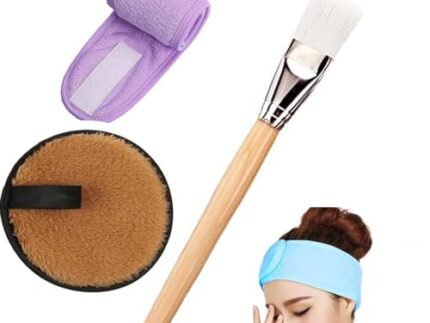 Face Mask Applying Brush, Facial Headband, Face Cleaning Sponge, Makeup Remover Cosmetic Puff Women Beauty Professional Salon Spa Head Wrap Combo – Multi Color.