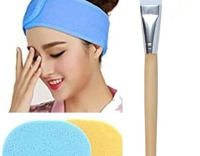 Face Pack Brush and Face Cleaning Sponge Non-Slip Spa Headband Combo Facial Mask Brush Set for Men’s and Women’s (Multi-Color)
