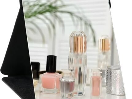 Folding Makeup Mirror – Portable Small Size PU Leather Travel Mirror, Tabletop Mount, Exquisite HD Round Edge Corner Glass, Adjustable Angle Vanity Mirror with Stand (Black Pack of 1)