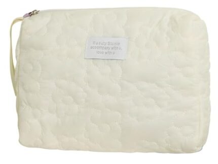 FunBlast Makeup Bag Travel Cosmetic Bag Cute Cotton Toiletry Bag Quilted Flower Organizer Bag Large Capacity Handheld Portable Storage Zipper Purse for Women (White-)