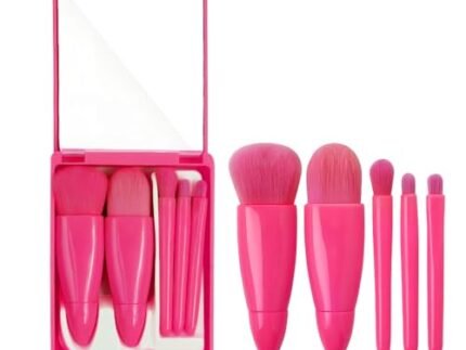 Gleva Travel Size Mini Makeup Brushes Set with Mirror Small Complete Function Cosmetic 5 Pcs Brushes Kit Case Apply to Face Foundation Powder Concealers Eyebrow Eyeshadow (Rose Red)