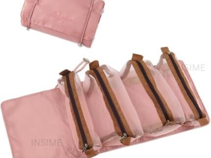 INSIME Foldable Makeup Pouch for Travelling | 4 Detachable Hanging Nylon Toiletry Bag for Women | Roll up Travel Makeup Organizer Pouch for Women Travel | Cosmetic Makeup Storage Organizer Bags