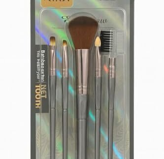 KIRA Professional 5PC Makeup Brush Set – Powder, Eyeshadow, Lip, Sponge & Brow-Lash Comb for Complete Face & Eye Makeup (grey)