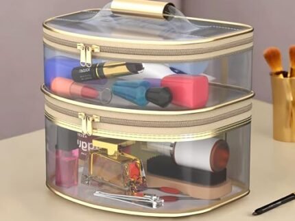 Kuber Industries Travel Storage Organizer | Dual Layer Cosmetic Bag with Handle | Transparent Jewellery Kit | Toiletries Storage Kit | Travel Makeup Pouch | D Shape | Golden
