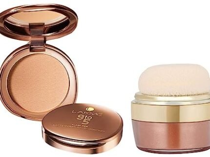 Lakmé 9 to 5 Flawless Matte Complexion Compact Powder, Melon, Absorbs Oil, Conceals & Gives Radiant Skin – All Day Matte Finish Face Makeup, 8 g & Face Sheer Highlighter, Sun Kissed, 4g