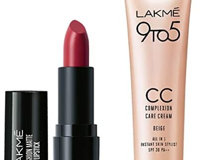 Lakmé Cushion Matte Lipstick, Red Wine, 4.5 g & Lakme 9 to 5 CC Cream Mini, 01 – Beige, Light Face Makeup with Natural Coverage, SPF 30, 9 g