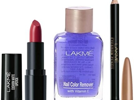 Lakmé Cushion Matte Lipstick Red Wine 4.5g, Nail Color Remover 27ml, and Eyebrow Pencil Black 1.2g