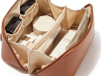 Large Capacity Cosmetic Travel Bag For Women, Portable Light Pu Leather Makeup Pouch, Wide Opening Cosmetic/Makeup Organizer, Cosmetic Zipper Pouch, Make Up Bag,11 Cm (Brown)