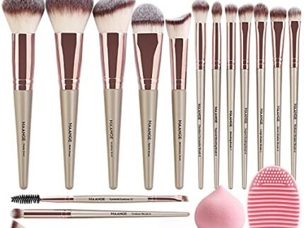 MAANGE Makeup Brushes 15Pcs Makeup Brush Set Premium Synthetic Foundation Face Powder Blush Concealers Make Up Brushes Sets with Makeup Sponge and Brush Cleaner?Champagne)