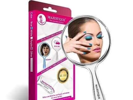 MAJESTIQUE Dual Side Large Handheld Mirror, 1X/ 10X Round Magnifying Compact Mirror Perfect for Shaving, Makeup, Tweezing or Shaping Eyebrows, Contact Lens – Color May Vary