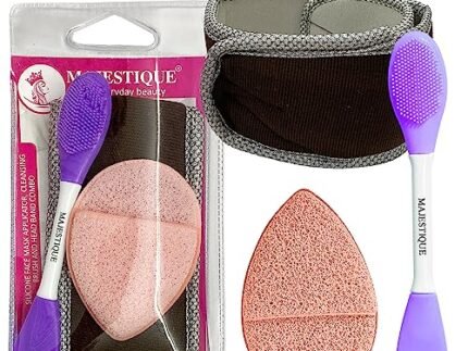 Majestique Face Mask Applicator Set, Facial Head Band, Dual Sided Silicone Brush for Face with Makeup Remover Sponge Multiple Use, Skincare Headband, Facial Tools for Women, Girls- 3Pcs Multicolor
