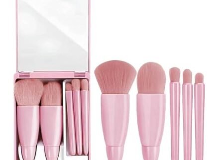 Makeup Brush Set 5 Pcs Professional Travel Small Makeup Brushes with Brush Case Built-in Mirror, Portable Cosmetics Brushes for foundation, Eyeshadow, Powder, Blush brush tool kit (Pink)