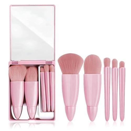 Makeup Brush Set 5 Pcs Professional Travel Small Makeup Brushes with Brush Case Built-in Mirror, Portable Cosmetics Brushes for foundation, Eyeshadow, Powder, Blush brush tool kit (Pink) Makeup Brush Set 5 Pcs Professional Travel Small Makeup Brushes with Brush Case Built-in Mirror, Portable Cosmetics Brushes for foundation, Eyeshadow, Powder, Blush brush tool kit (Pink)