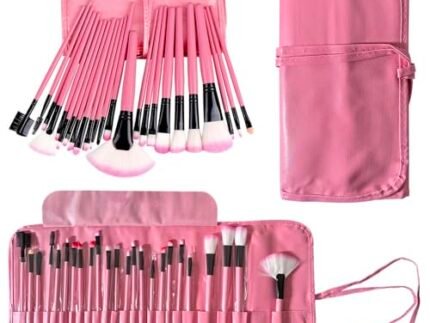 Makeup Brush Set with Case – Professional Cosmetic Brushes for Face Eyes Lips Blending Brush Travel Friendly Portable Roll Up Bag Stylish Durable Soft Synthetic Bristles Vegan Friendly Beauty Tools (Pink)