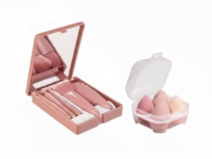 Makeup Brush Set with Mirror Case and Sponges – 5 Piece Professional Travel Cosmetic Brush Kit – Soft Synthetic Foundation, Powder, Blush & Contour Brushes(multicolor)