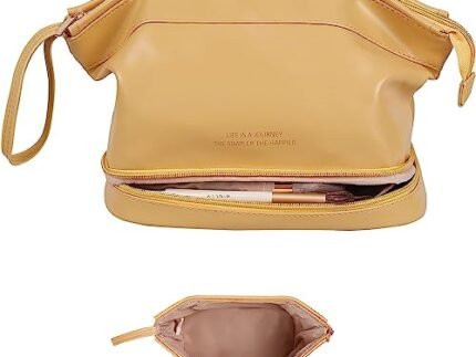 Makeup Organiser for Women & Girls, Travel Makeup Bag(13 Cm) Leather Makeup Bag, Cosmetic Travel Bags, Portable Leather Toiletry Bag, Large Zipper Travel Organiser (Yellow)