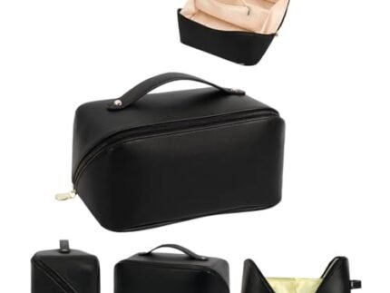 Makeup Pouch Women’s Large Capacity Cosmetic Travel Bag – Waterproof Leather Makeup Organizer with Wide Opening, Dividers with Handle (Cross Open, Black) (Makeup Pouch Bag)