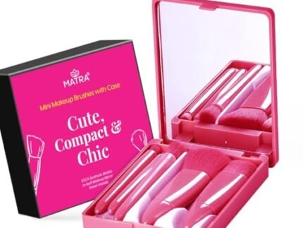 Matra 5 in 1 Mini Makeup Brush Set with Mirror Case – Travel Makeup Kit with Powder, Foundation, Eyeshadow Blender, Blush & Lip Brushes – Small Portable Compact Cosmetic Box for Face & Eye Makeup